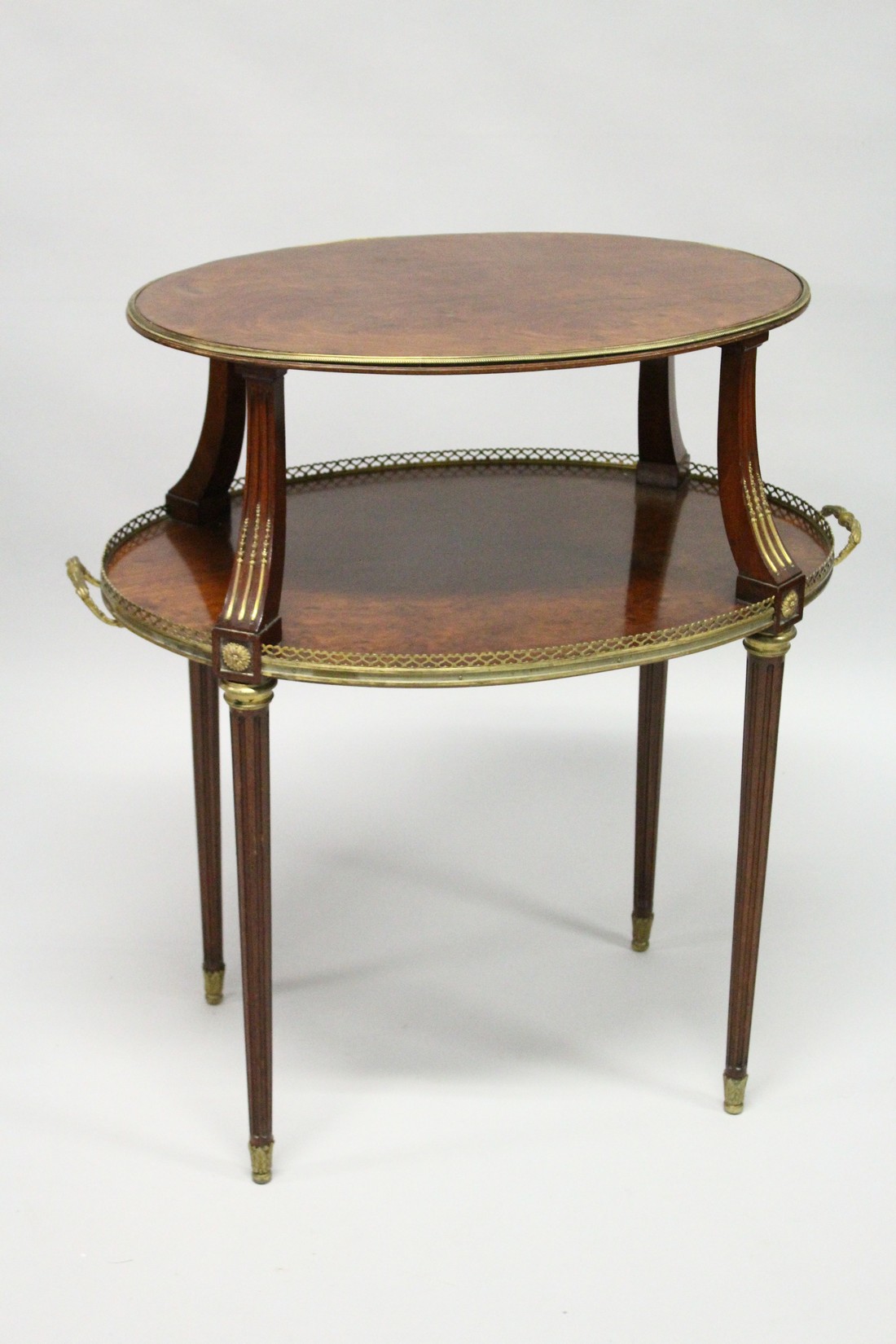 A VERY GOOD 19TH CENTURY MAHOGANY OVAL AND TWO TIER ETAGERE, with brass banding and gallery on - Image 5 of 6