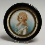 A GOOD VICTORIAN CIRCULAR MINIATURE OF A LADY, head and shoulders. 7.5cm diameter.