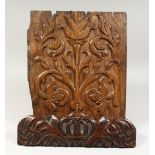 A 17TH CENTURY WALNUT CARVED TULIP PATTERN PANEL. 15ins x 12ins and a CHAIR TOP RAIL with crown 4ins