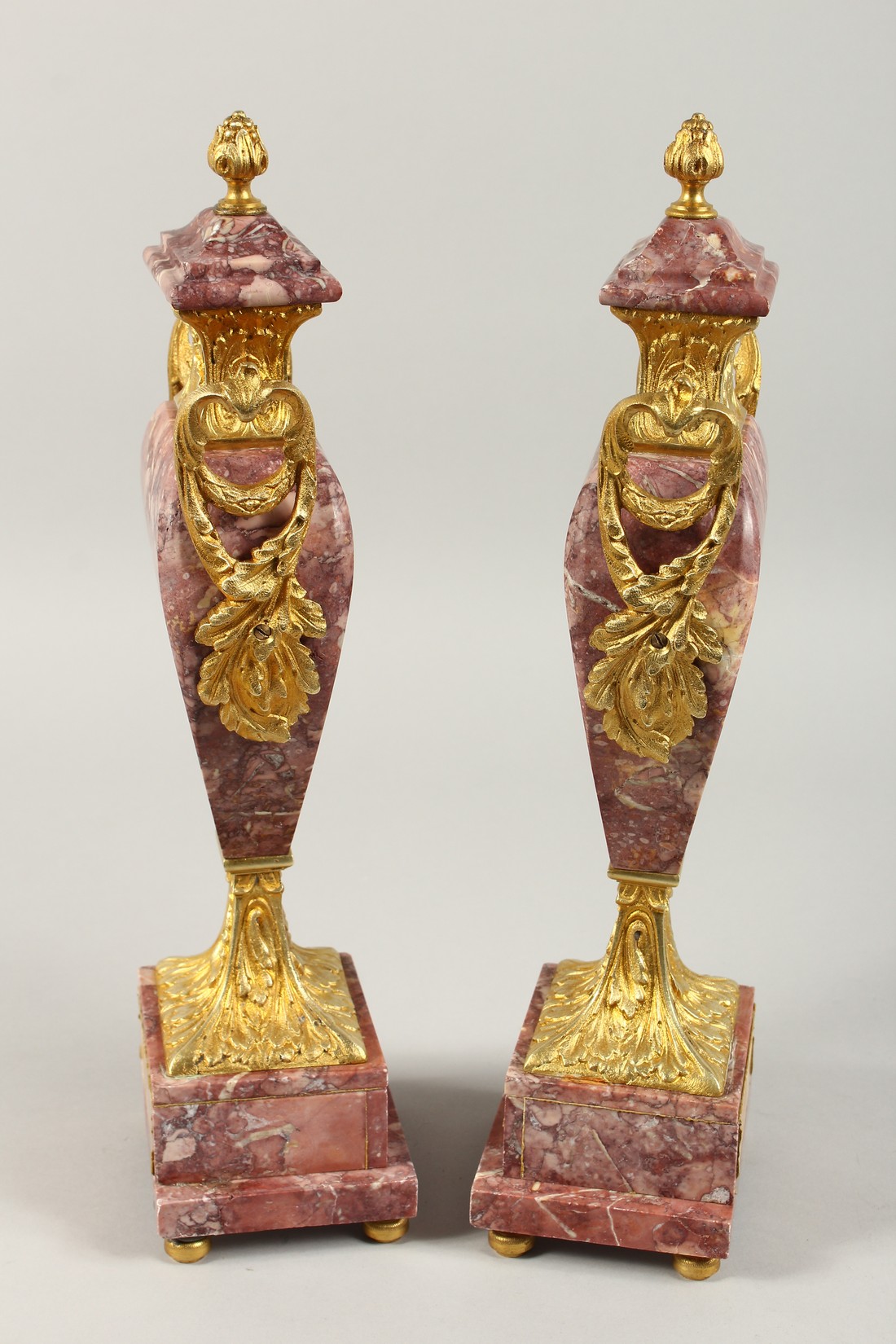 A GOOD PAIR OF MARBLE AND ORMOLU TWO HANDLED SIDE PIECES. 15ins high. - Image 4 of 6