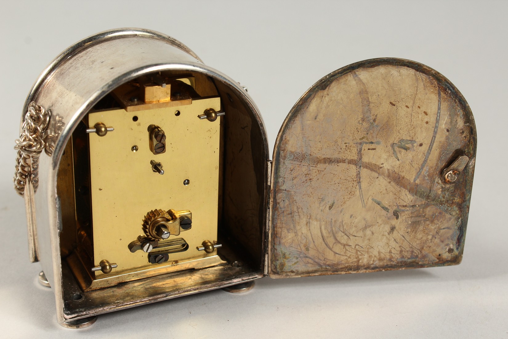 A MINIATURE, CHARLES FRODSHAM AND CO. SILVER, ELIZABETH of GLAMIS DOMED CLOCK with carrying chain on - Image 5 of 5