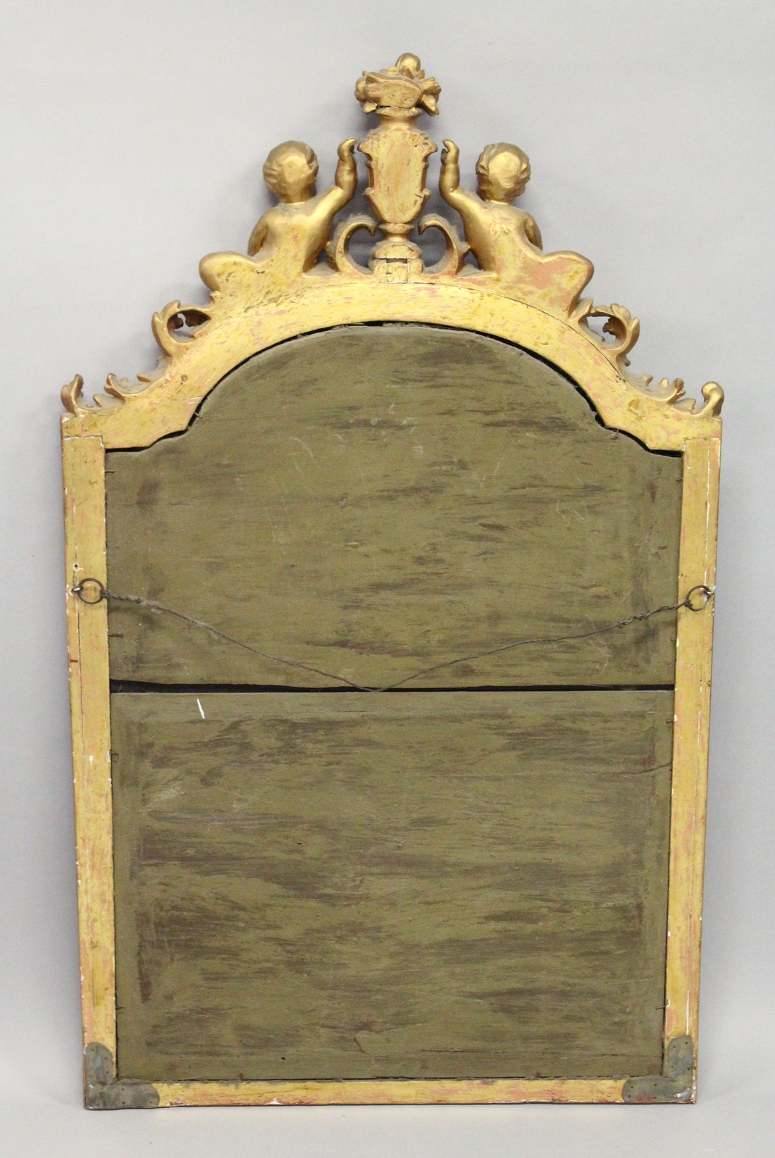 A 19TH CENTURY GILT FRAMED PIER MIRROR, with a shaped top, surmounted with a pair of cherubs holding - Image 3 of 3