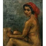 20th Century French School, a study of a seated female nude in a red headscarf, oil on board, 27"