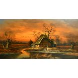 Horst Baumgart (b.1932) A homestead on the river in winter with the sun setting, oil on canvas,