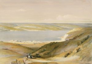 After David Roberts, 'The Sea of Tiberias', a 19th Century lithograph, hand coloured, 13.25" x 19.