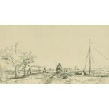 After Rembrandt, A pair of landscape prints, Dwellings by a track, 7" x 9" and a sailing boat moored