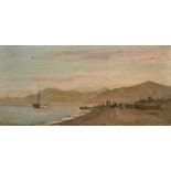 Circle of Federico Rossano, A coastal scene with fisherfolk on the shoreline, oil on board, 4.5" x