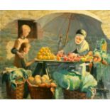 Early 20th Century School, a scene of children at a vegetable market, oil on canvas, 30" x 36",