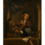 After Gerrit Dou, a scene of a gentleman playing a fiddle as seen through an arched window, along