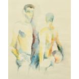 Follower of Keith Vaughan, Two male beach volleyball players, watercolour, 17.25" x 13.75".