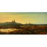 19th Century English School, An extensive landscape with a castle and factory chimneys, oil on