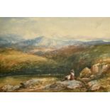 Circle of David Cox, Figures resting on a rock in a mountainous landscape, watercolour on board, 13"