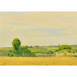 Robert Morson Hughes (20th Century) A view across fields with a tower in the distance, oil on board,