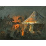 Follower of Adam Styka, A Bedouin camp at night with figures and camels round campfires, oil on