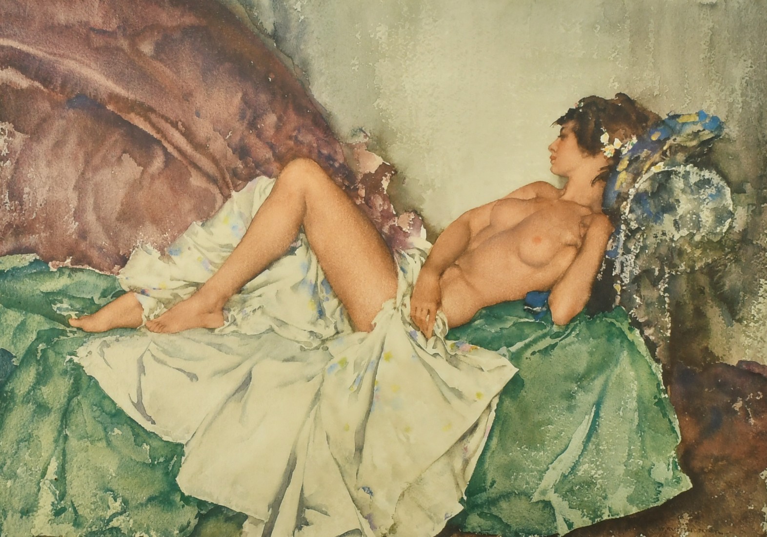 After Russell Flint, a reclining female nude, colour print, numbered 121/850, 16" x 23". Sold in aid