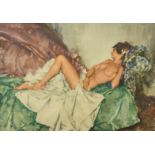 After Russell Flint, a reclining female nude, colour print, numbered 121/850, 16" x 23". Sold in aid