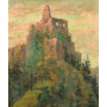 Alois Arnegger (1879-1963) Austrian, a view of castle ruins on a hilltop, oil on canvas, signed, 13"