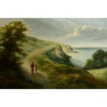 Larpent Roberts, A coastal landscape with figure on a path, sheep in the field and sailing boats out