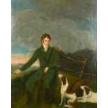 19th Century, Portrait of a gentleman seated on a bank with a gun and two dogs by his side, oil on