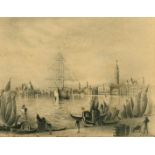 19th Century School, figures on a Venetian quay, ink drawing, indistinctly signed, 9.5" x 13".