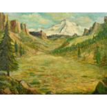 A. Gonzalez, View through a valley, pine trees either side, a snow-capped mountain beyond, oil on