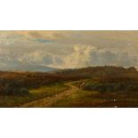 J. Barrett (19th Century) An extensive heathland scene with ponies and two women collecting berries,