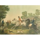 After Vernet, 'La Chasse au Renard', a coloured print in a verre eglomise frame, 22.5" x 28.75"