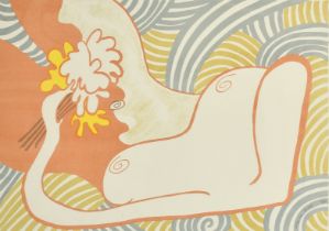 Edwina Sandys (b. 1938) British, a reclining female nude with flowers, colour print, signed and