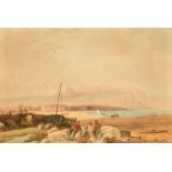 William Harford, Fisherman on a beach seated on rocks with a castle beyond, possibly Jersey,