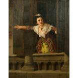 Weber, 19th Century German School, An elegant lady on a balcony, oil on canvas, signed and dated