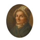 19th Century, Portrait of a lady wearing a white hat with a pink bow, oil, oval, 4" x 3.5".