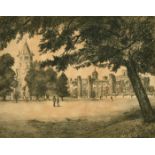 C.W Radclyffe, 'School Gate Rugby', 10.5" x 14", along with two etchings of Rugby School by Gertrude