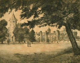 C.W Radclyffe, 'School Gate Rugby', 10.5" x 14", along with two etchings of Rugby School by Gertrude