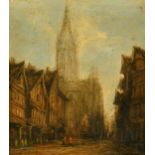 Follower of H. Schafer (19th Century) Timber framed buildings, figures in the lane, with a cathedral
