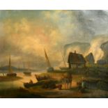 19th Century French School, figures gathered by fishing boats on a coastal inlet, oil on canvas, 24"