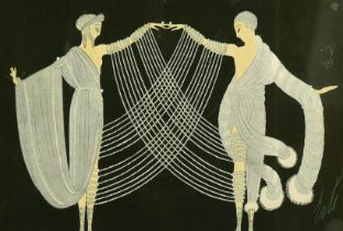 After Erte (Romain de Tirtoff), two female figures in stylised dress, 5.5" x 8.25".