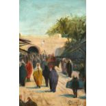 19th/20TH Century, figures on a busy North African street, indistinctly signed, 16" x 10.75".