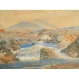 An early 20th century scene of a figure on a stone bridge over a mountain river, watercolour,