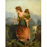 19th Century English School, a mother and child in a mountain landscape, oil on canvas, 18" x 14".