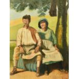 20th Century School, Workers resting beneath a tree, oil on board, indistinctly signed, 32" x 24".