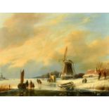 Salomon Leonardus Verveer (1813-1876) Dutch, wayfarers on a frozen waterway, oil on panel, signed