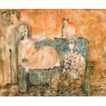 Lydia Corbett (b.1934), figures around a sofa, ink and watercolour, signed and indistinctly dated,