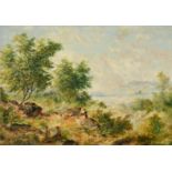 19th Century English School, a pair of oil on panel scenes of figures in a landscape, 5" x 7.25", (