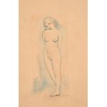 Ulrica Forbes (1900-1960), a study of a standing female nude, watercolour, signed, 13.5" x 6". (