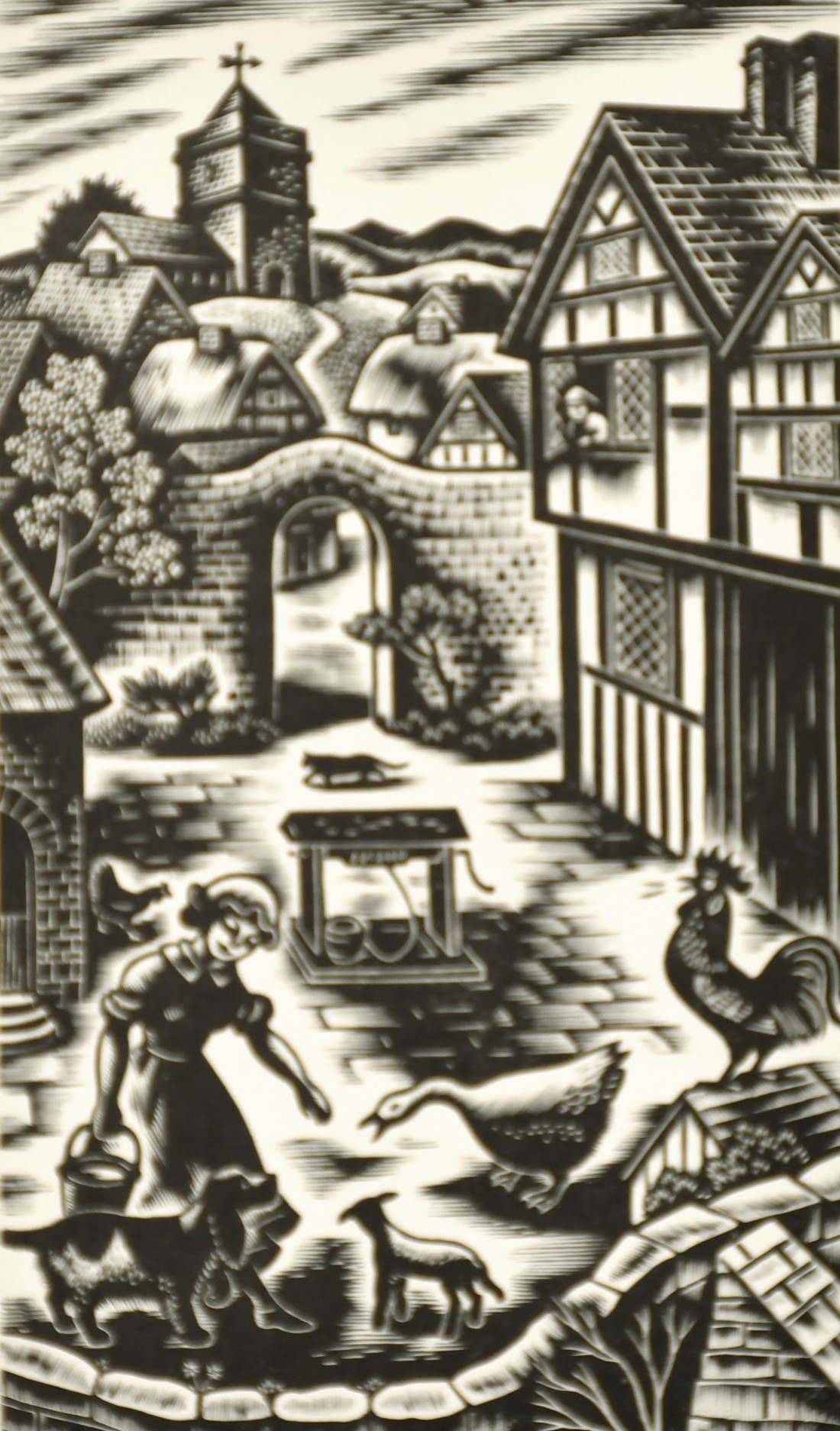 Gwenda Morgan (1908-1991) British, a scene in a farm courtyard, woodblock print, forming part of