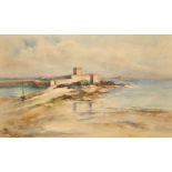 Circle of Jessie Hilson, A coastal castle view with a moored sailing boat, watercolour on board,