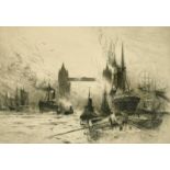 Percy Robertson, A busy river scene with boats near tower Bridge, London, etching, signed in pencil,