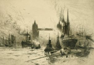 Percy Robertson, A busy river scene with boats near tower Bridge, London, etching, signed in pencil,