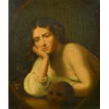 19th Century Continental School, a memento mori painting with a female figure, oil on panel, 11.5" x
