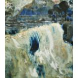 Circle of John Piper, A rushing weir, watercolour and gouache, indistinctly signed in pencil, 7" x